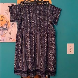 navy blue printed off shoulders dress